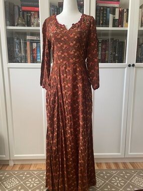 Women's Long Brown Floral Maxi Dress with Lace Trim